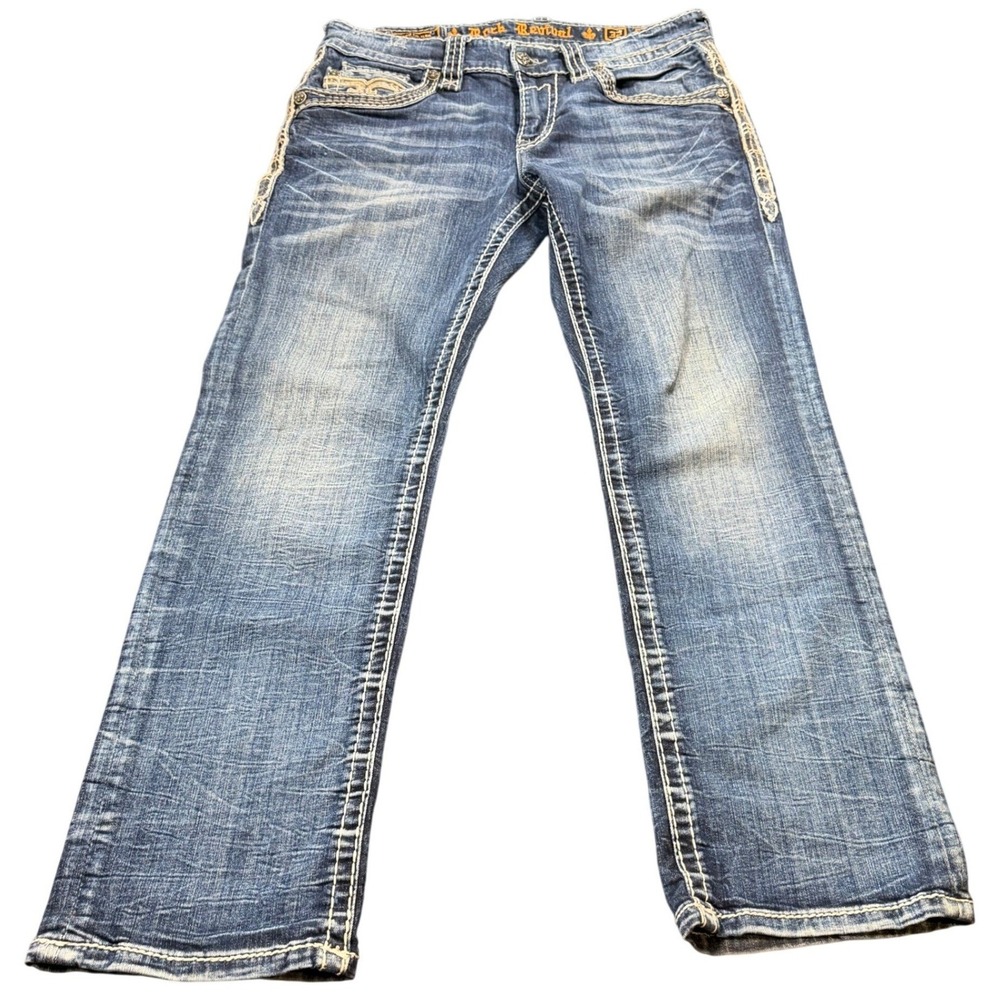 Rock Revival Phamy Straight Jeans Mens Blue Distressed Heavy Stitch Y2K Size 32